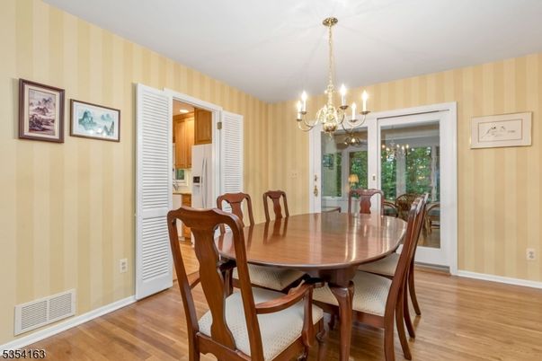 Chandelier, Dining room, Interior, Wood Texture Flooring
