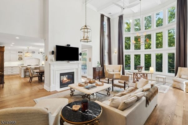 Dining room, Fireplace, Interior, Kitchen, Living room, Pendant Lights, Recessed Lighting, Wood Texture Flooring