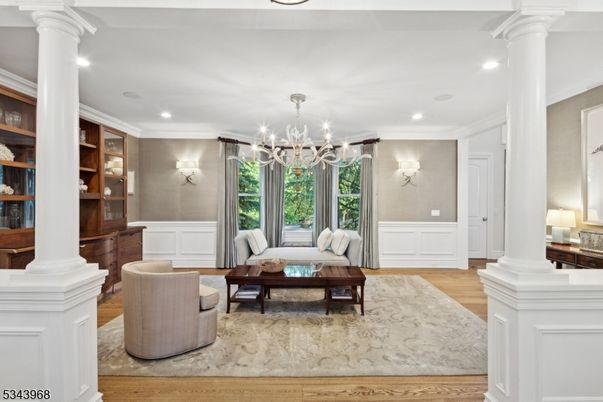 Chandelier, Interior, Living room, Recessed Lighting, Wood Texture Flooring