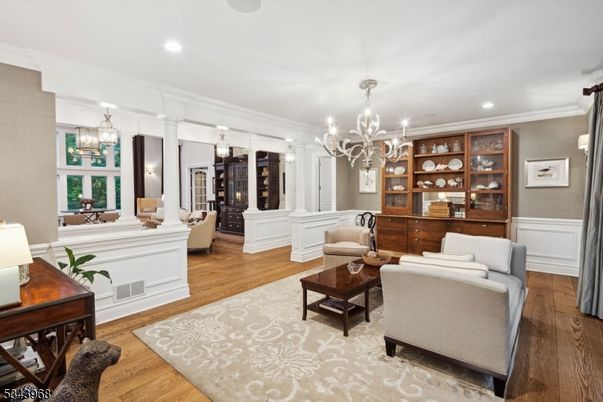 Chandelier, Interior, Living room, Recessed Lighting, Wood Texture Flooring