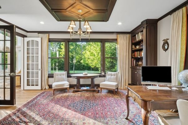 Chandelier, Home Office, Interior, Recessed Lighting, Wood Texture Flooring