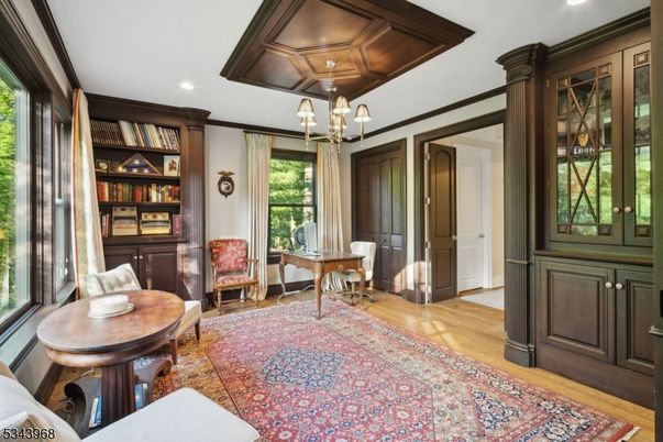 Chandelier, Home Office, Interior, Recessed Lighting, Wood Texture Flooring