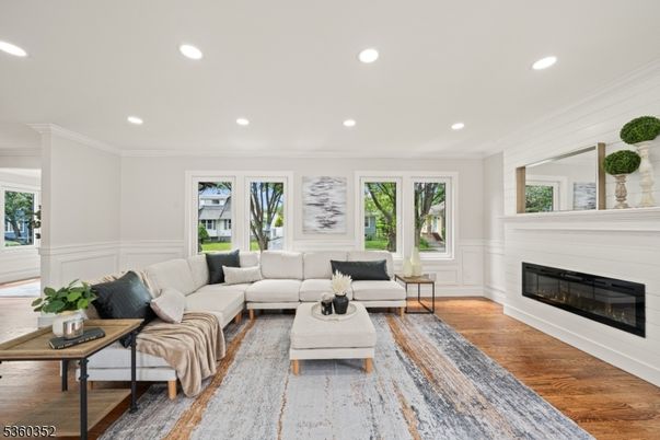 Fireplace, Interior, Living room, Recessed Lighting, Wood Texture Flooring