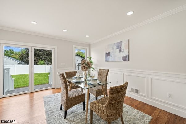 Dining room, Interior, Recessed Lighting, Wood Texture Flooring