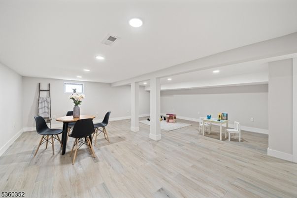 Dining room, Interior, Recessed Lighting, Wood Texture Flooring