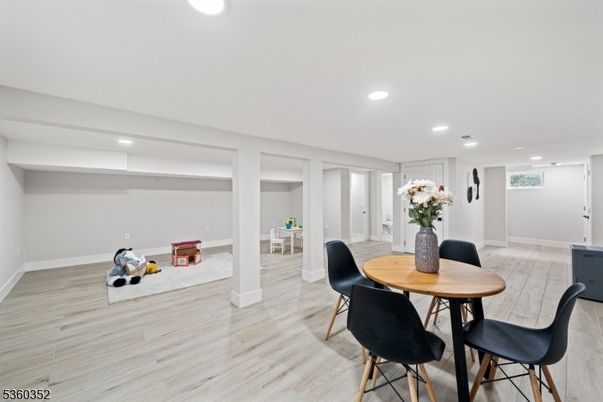 Dining room, Interior, Recessed Lighting, Wood Texture Flooring