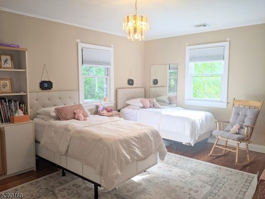 Bedroom, Chandelier, Interior, Pendant Lights, Wood Texture Flooring