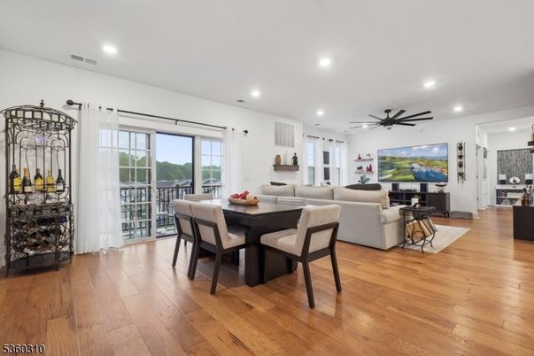 Dining room, Interior, Kitchen, Living room, Recessed Lighting, Wood Texture Flooring