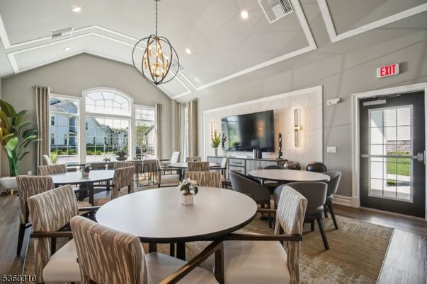Chandelier, Dining room, Interior, Living room, Recessed Lighting, Wood Texture Flooring