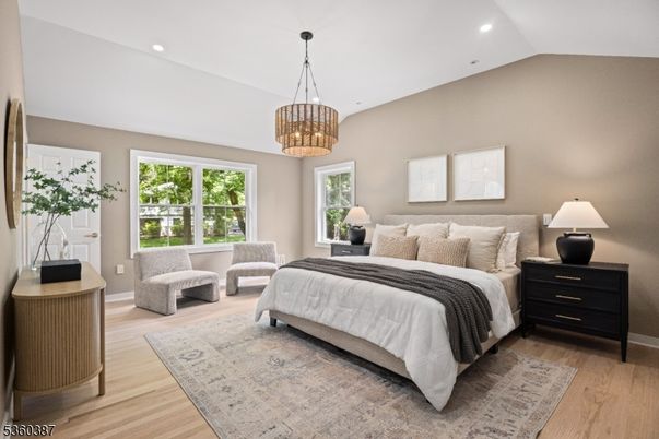 Bedroom, Chandelier, Interior, Pendant Lights, Recessed Lighting, Wood Texture Flooring