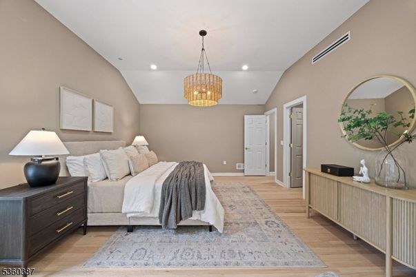 Bedroom, Interior, Pendant Lights, Recessed Lighting, Wood Texture Flooring