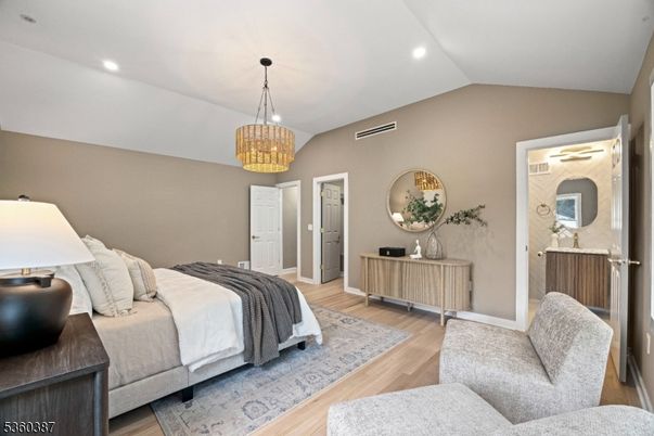 Bedroom, Chandelier, Interior, Recessed Lighting, Wood Texture Flooring