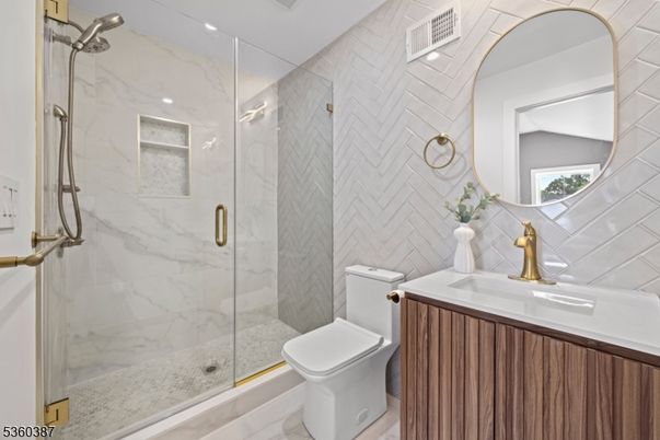 Bathroom, Glass Shower, Interior, Marble Walls, Recessed Lighting