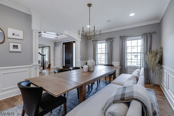Dining room, Interior, Pendant Lights, Recessed Lighting, Wood Texture Flooring