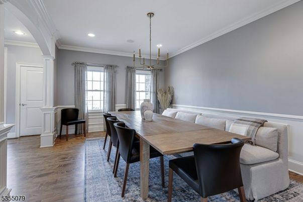 Dining room, Interior, Pendant Lights, Recessed Lighting, Wood Texture Flooring