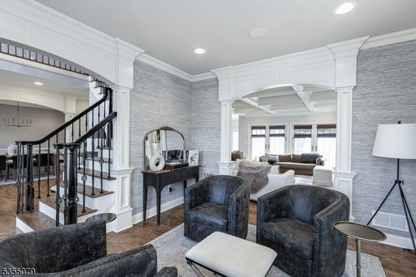 Interior, Living room, Recessed Lighting, Stone Walls, Wood Texture Flooring