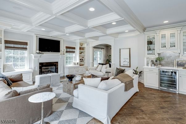 Fireplace, Interior, Kitchen, Living room, Recessed Lighting, Wood Texture Flooring