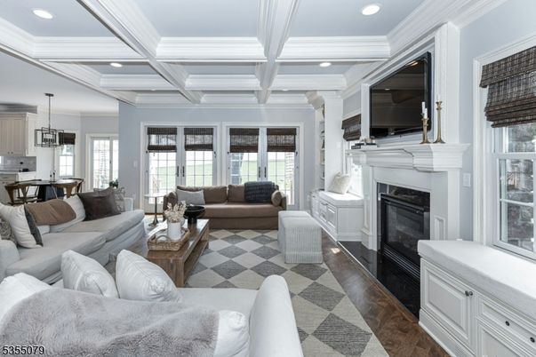Chandelier, Dining room, Fireplace, Interior, Kitchen, Living room, Pendant Lights, Recessed Lighting, Wood Texture Flooring