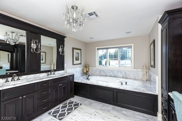 Bathroom, Chandelier, Dual Sink Vanities, Interior, Marble