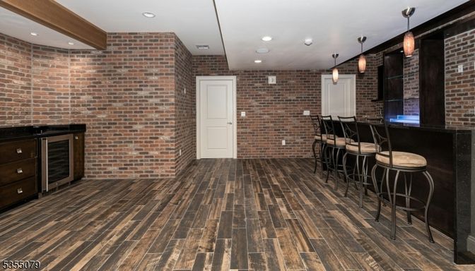 Interior, Pendant Lights, Recessed Lighting, Stone Walls, Wood Texture Flooring