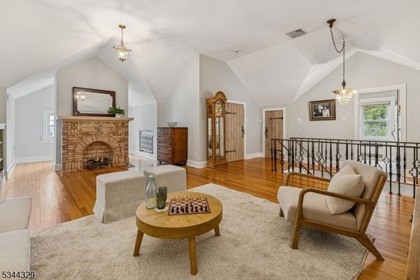 Fireplace, Interior, Pendant Lights, Wood Texture Flooring