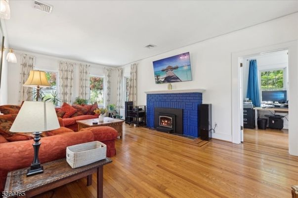 Fireplace, Interior, Living room, Pendant Lights, Wood Texture Flooring
