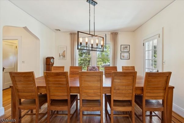Dining room, Interior, Pendant Lights, Wood Texture Flooring