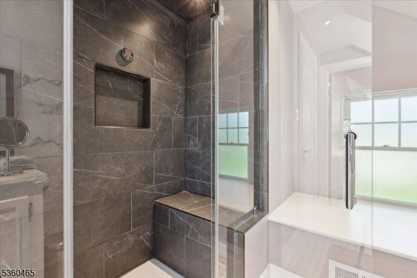 Bathroom, Glass Shower, Interior, Marble Walls, Recessed Lighting