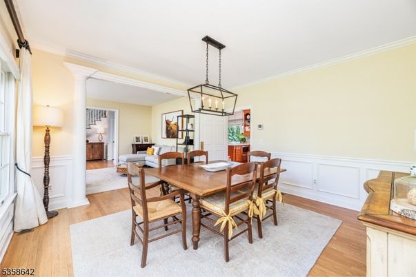 Dining room, Interior, Pendant Lights, Wood Texture Flooring