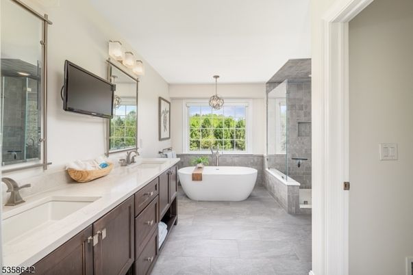 Bathroom, Dual Sink Vanities, Free Standing Baths, Glass Shower, Interior, Pendant Lights