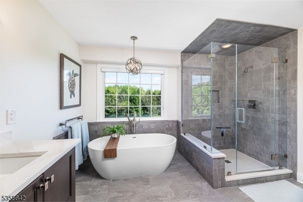 Bathroom, Dual Sink Vanities, Free Standing Baths, Glass Shower, Interior, Pendant Lights