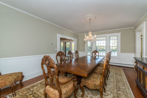 Chandelier, Dining room, Interior, Wood Texture Flooring