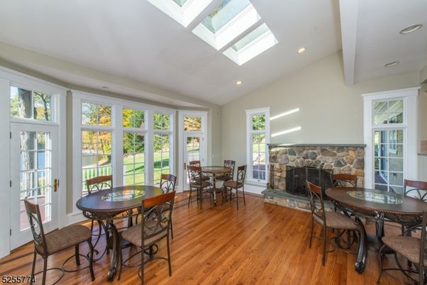 Dining room, Fireplace, Interior, Recessed Lighting, Wood Texture Flooring