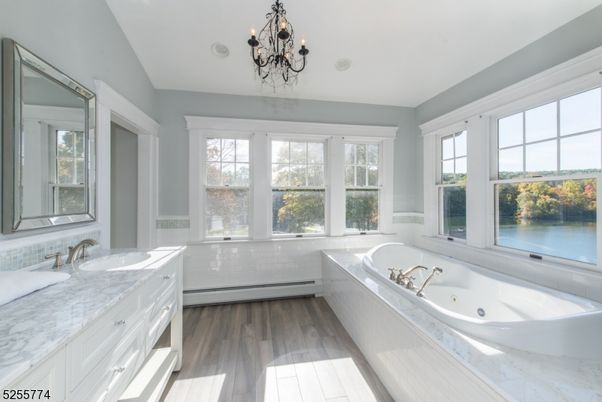 Bathroom, Chandelier, Interior, Water, Wood Texture Flooring