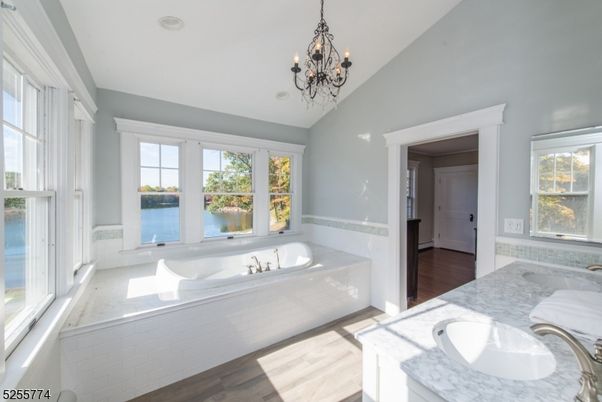 Bathroom, Chandelier, Interior, Water, Wood Texture Flooring