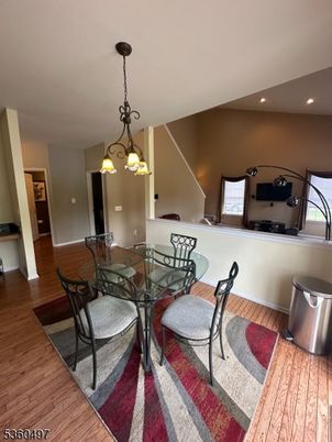 Dining room, Interior, Pendant Lights, Recessed Lighting, Wood Texture Flooring
