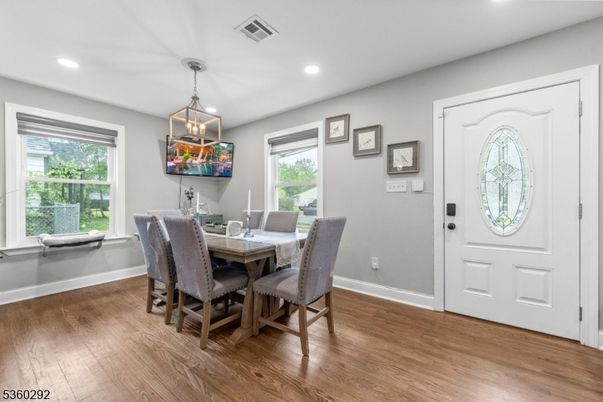 Dining room, Interior, Pendant Lights, Recessed Lighting, Wood Texture Flooring