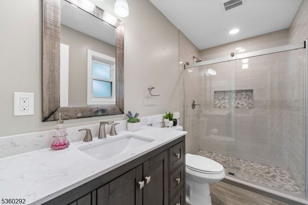 Bathroom, Glass Shower, Interior, Recessed Lighting, Wood Texture Flooring