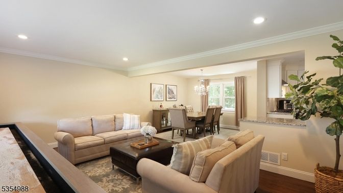Chandelier, Dining room, Fireplace, Interior, Living room, Recessed Lighting, Wood Texture Flooring