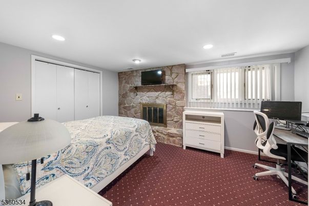 Bedroom, Fireplace, Home Office, Interior, Recessed Lighting, Stone Walls