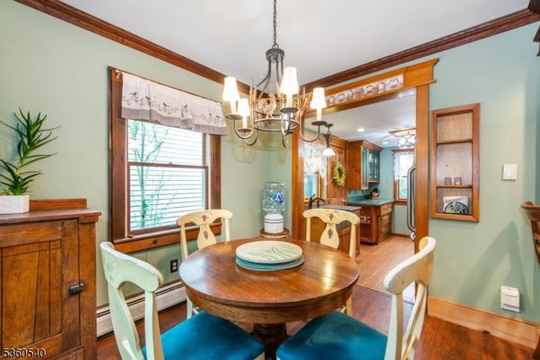 Chandelier, Dining room, Interior, Recessed Lighting, Wood Texture Flooring