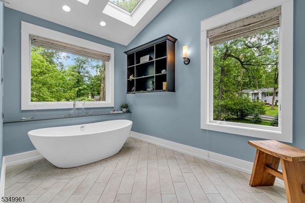 Bathroom, Free Standing Baths, Interior, Recessed Lighting, Wood Texture Flooring