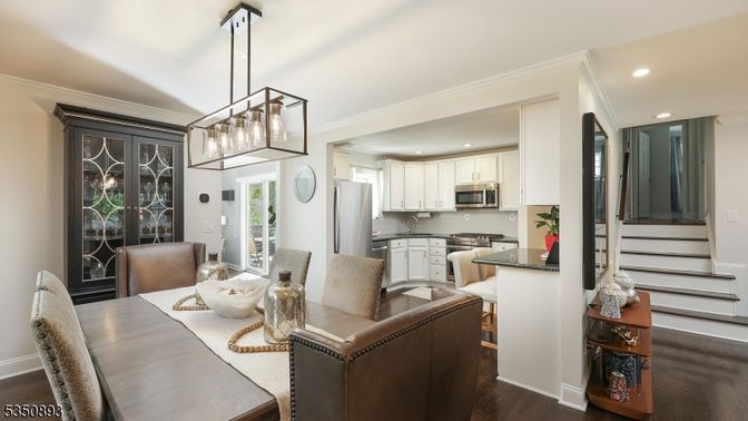 Dining room, Interior, Kitchen, Pendant Lights, Recessed Lighting, Stainless Steel Appliances, Wood Texture Flooring