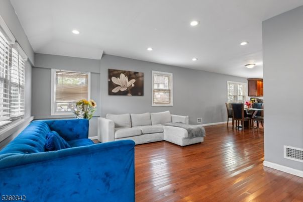 Dining room, Interior, Living room, Recessed Lighting, Wood Texture Flooring