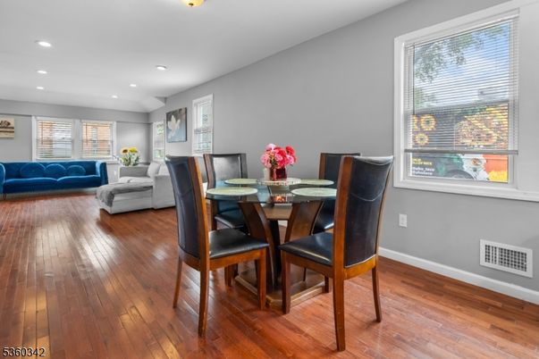Dining room, Interior, Living room, Recessed Lighting, Wood Texture Flooring