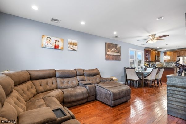 Dining room, Interior, Living room, Recessed Lighting, Wood Texture Flooring