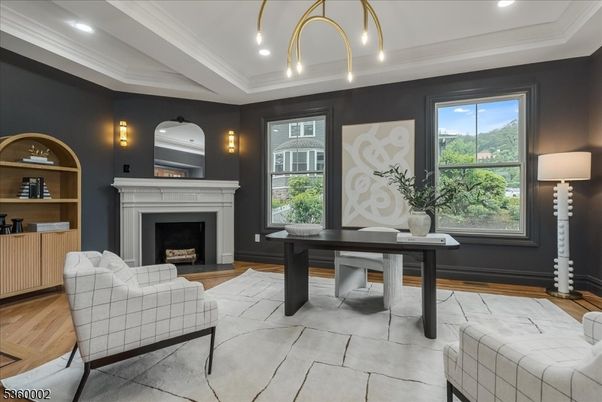 Fireplace, Home Office, Interior, Recessed Lighting, Wood Texture Flooring