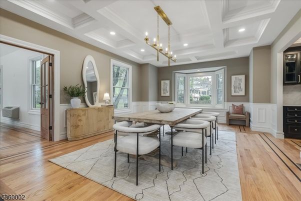 Dining room, Interior, Pendant Lights, Recessed Lighting, Wood Texture Flooring