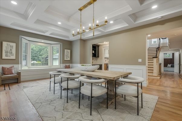 Dining room, Interior, Pendant Lights, Recessed Lighting, Wood Texture Flooring