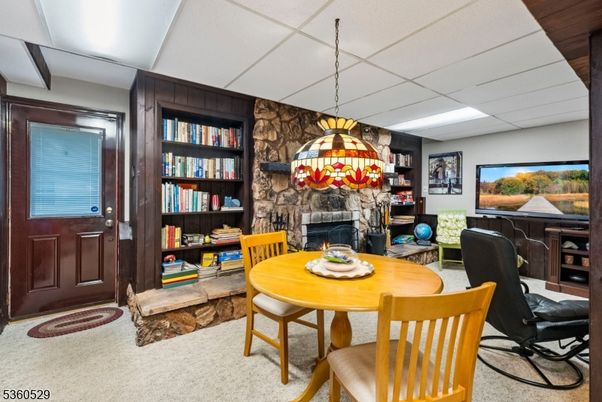 Dining room, Fireplace, Interior, Pendant Lights, Stone Walls